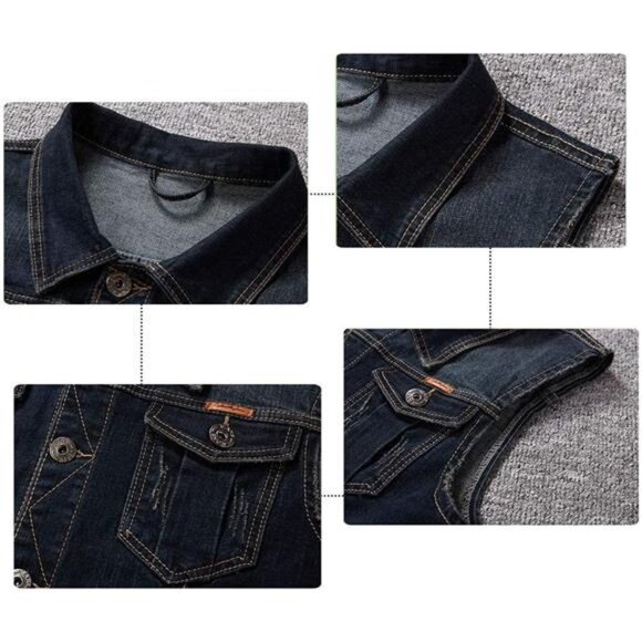 Men's Casual Button Up Denim Vest Vintage Sleeveless Jeans Vest Jacket - Picture 4 of 7